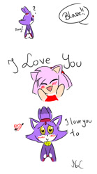 Size: 500x900 | Tagged: safe, artist:nataszaluiz, amy rose, blaze the cat, cat, hedgehog, 2019, amy x blaze, amy's halterneck dress, blaze's tailcoat, blushing, chibi, cute, english text, eyes closed, female, females only, heart, heart eyes, lesbian, mouth open, shipping, speech bubble