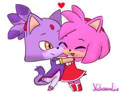 Size: 400x300 | Tagged: safe, artist:nataszaluiz, amy rose, blaze the cat, cat, hedgehog, 2020, amy x blaze, amy's halterneck dress, blaze's tailcoat, chibi, cute, eyes closed, female, females only, heart, hugging, lesbian, one eye closed, shipping