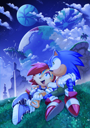 Size: 2480x3508 | Tagged: safe, artist:drawloverlala, sally acorn, sonic the hedgehog, chipmunk, hedgehog, green hill zone, angel island, au:sonic world travel, blue power pattern, cyan power pattern, little planet, lost hex, planet wisp, shipping, sonally, straight