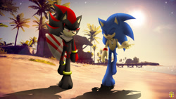 Size: 1920x1080 | Tagged: safe, artist:underworldcircle, shadow the hedgehog, sonic the hedgehog, beach, palm tree, surfboard