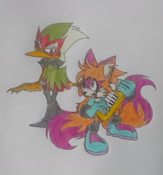 Size: 1836x1966 | Tagged: safe, artist:transgender-battlekukku, miles "tails" prower, speedy, alternate universe, au:prophet, cute, duo, holding something, keytar, kukku, punk, traditional media