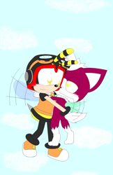 Size: 1104x1705 | Tagged: safe, artist:samarragothika8, charmy bee, chip, 2009, blushing, charmy x chip, clouds, crack shipping, cute, daytime, duo, flapping wings, flying, gay, holding each other, hugging, outdoors, shipping, smile