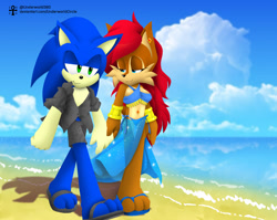 Size: 1033x824 | Tagged: safe, artist:underworldcircle, sally acorn, sonic the hedgehog, lineless, shipping, sonally, straight