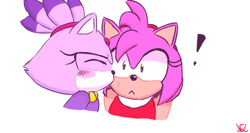 Size: 600x320 | Tagged: safe, artist:nataszaluiz, amy rose, blaze the cat, cat, hedgehog, 2019, amy x blaze, amy's halterneck dress, blaze's tailcoat, cute, exclamation mark, eyes closed, female, females only, kiss on cheek, lesbian, shipping, surprised