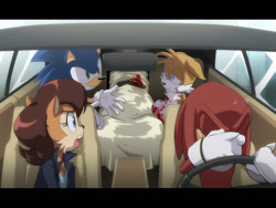 Size: 822x617 | Tagged: semi-grimdark, artist:kichigai, knuckles the echidna, miles "tails" prower, sally acorn, sonic the hedgehog, blood, car