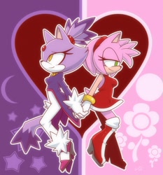 Size: 920x986 | Tagged: safe, artist:nancher, amy rose, blaze the cat, cat, hedgehog, 2014, amy x blaze, amy's halterneck dress, back to back, blaze's tailcoat, cute, female, females only, flower, heart, holding hands, lesbian, moon, shipping, star (symbol)