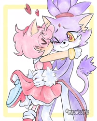 Size: 1440x1794 | Tagged: safe, artist:meowcoiris, amy rose, blaze the cat, cat, hedgehog, 2022, alternate version, amy x blaze, amy's halterneck dress, blaze's tailcoat, cute, eyes closed, female, females only, hearts, hugging, kiss on cheek, lesbian, one eye closed, shipping