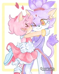 Size: 1440x1800 | Tagged: safe, artist:meowcoiris, amy rose, blaze the cat, cat, hedgehog, 2022, amy x blaze, amy's halterneck dress, blaze's tailcoat, cute, eyes closed, female, females only, hearts, kiss on cheek, lesbian, one eye closed, shipping