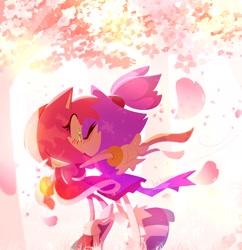 Size: 1982x2048 | Tagged: safe, artist:buckettkun, amy rose, blaze the cat, 2021, amy x blaze, blushing, duo, holding them, kiss, lesbian, petals, shipping, signature, tree