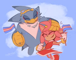 Size: 2048x1638 | Tagged: safe, artist:buckettkun, amy rose, storm the albatross, 2021, abstract background, duo, eyes closed, face paint, flag, hand on another's head, holding something, pride, pride flag, signature, smile, trans female, trans male, trans pride, transgender