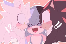 Size: 2048x1395 | Tagged: safe, artist:ikudoodles, shadow the hedgehog, silver the hedgehog, sonic the hedgehog, 2023, blushing, cute, exclamation mark, frown, gay, holding them, outline, polyamory, question mark, shadow x silver, shadow x sonic, shipping, simple background, smile, sonabetes, sonadilver, sonilver, sweatdrop, trio