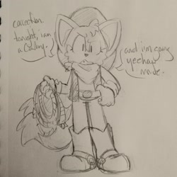 Size: 2048x2048 | Tagged: safe, artist:charmallows, miles "tails" prower, bandana, belt, cowboy, cowboy boots, cowboy hat, cowboy outfit, dialogue, english text, hat, holding something, line art, pencilwork, rope, solo, standing, traditional media