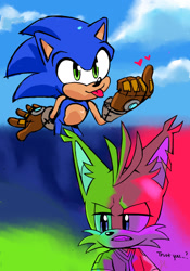 Size: 1432x2048 | Tagged: safe, artist:pkrockinon, miles "tails" prower, nine, sonic the hedgehog, sonic prime, 2023, abstract background, dialogue, duo, english text, heart, redraw, smile, tongue out, torn ear