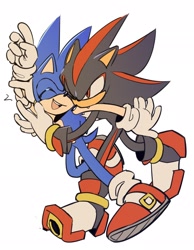 Size: 1593x2048 | Tagged: safe, artist:chaosrice, shadow the hedgehog, sonic the hedgehog, 2024, biting, duo, gay, one eye closed, pinning them, shadow x sonic, shipping, simple background, smile, sonabetes, white background