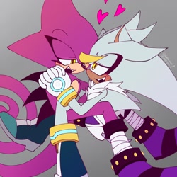 Size: 1280x1280 | Tagged: safe, artist:shadzowo, espio the chameleon, silver the hedgehog, 2024, blushing, duo, gay, gradient background, heart, holding hands, lidded eyes, looking at each other, mouth open, shipping, signature, silvio, smile