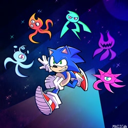 Size: 1250x1250 | Tagged: safe, artist:magic-i-guess, sonic the hedgehog, wisp, 2021, abstract background, group, modern sonic, moon, running, signature, smile, sonic colors (nintendo ds), star (sky)