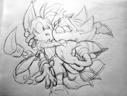 Size: 1024x768 | Tagged: safe, artist:lebluenooki, miles "tails" prower, nine, sonic the hedgehog, sonic prime, 2024, duo, hugging, line art, sketch, surprise hug, surprised, traditional media