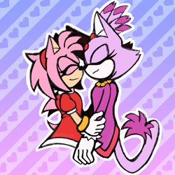 Size: 1280x1280 | Tagged: safe, artist:squishbug, amy rose, blaze the cat, cat, hedgehog, 2024, amy x blaze, blaze's tailcoat, cute, eyes closed, female, females only, hand on arm, hearts, lesbian, noses are touching, shipping