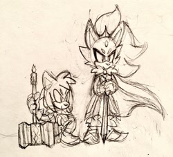 Size: 1280x1163 | Tagged: safe, artist:fleetways, amy rose, blaze the cat, cat, hedgehog, 2017, alternate universe, amy x blaze, female, females only, hammer, lesbian, shipping, sketch, sword, traditional media