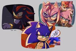 Size: 2048x1365 | Tagged: safe, artist:kai_sh1, amy rose, shadow the hedgehog, sonic the hedgehog, ..., abstract background, black rose, frown, lidded eyes, reference inset, rusty rose, signature, top surgery scars, trans male, transgender, trio