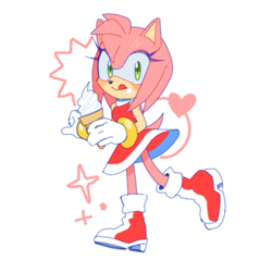 Size: 765x765 | Tagged: safe, artist:tnchxhrl03, amy rose, hedgehog, 2024, blushing, female, heart, holding something, ice cream, licking lips, looking at viewer, simple background, solo, sparkles, walking, white background