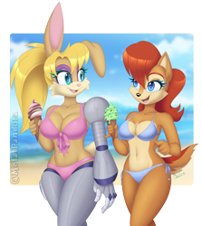 Size: 798x896 | Tagged: safe, artist:metalpandora, bunnie rabbot, sally acorn, chipmunk, rabbit, beach, bikini, ice cream