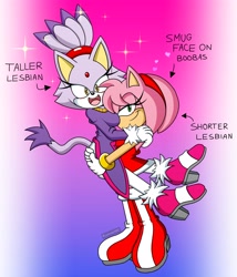 Size: 3152x3680 | Tagged: safe, artist:jalonso980, amy rose, blaze the cat, cat, hedgehog, 2024, alternate version, amy x blaze, amy's halterneck dress, bisexual pride, blaze's tailcoat, carrying them, cute, female, females only, lesbian, looking at viewer, mouth open, shipping, sparkles