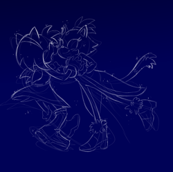 Size: 2048x2032 | Tagged: safe, artist:mysuperlaserpiss, amy rose, blaze the cat, cat, hedgehog, 2024, amy x blaze, amy's halterneck dress, blaze's tailcoat, cute, female, females only, holding hands, lesbian, mouth open, shipping, star (sky)