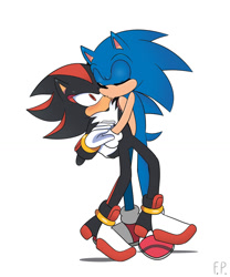 Size: 1221x1466 | Tagged: safe, artist:fennecp, shadow the hedgehog, sonic the hedgehog, 2024, blushing, duo, eyes closed, gay, holding them, kiss, looking at them, shadow x sonic, shipping, signature, simple background, standing, surprise kiss, surprised, white background