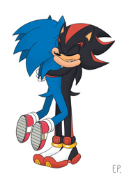 Size: 1060x1516 | Tagged: safe, artist:fennecp, shadow the hedgehog, sonic the hedgehog, 2024, blushing, carrying them, cute, duo, eyes closed, gay, holding each other, hugging, shadow x sonic, shipping, signature, simple background, smile, standing, white background