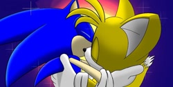 Size: 1078x543 | Tagged: safe, artist:sontailsfan22, miles "tails" prower, sonic the hedgehog, 2024, duo, eyes closed, gay, gradient background, holding each other, kiss, shipping, sonic x tails, sparkles