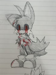 Size: 1536x2048 | Tagged: safe, artist:soba_kt, oc, oc:tails.exe, 2024, black sclera, bleeding, bleeding from eyes, blood, cute, injured, lined paper, looking at viewer, missing limb, no mouth, pencilwork, solo, standing, traditional media