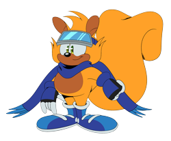 Size: 2048x1692 | Tagged: safe, artist:theteyoman, ray the flying squirrel, 2024, chubby, clenched fist, goggles, looking offscreen, scarf, simple background, smile, solo, standing, transparent background