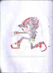 Size: 400x550 | Tagged: safe, artist:thunder-the-mouse, shadow the hedgehog, hedgehog, black fur, gloves, male, red eyes, red fur, shoes, traditional media