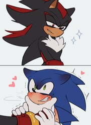 Size: 1869x2586 | Tagged: dead source, safe, artist:roastedgarlics2, shadow the hedgehog, sonic the hedgehog, gay, heart, shadow x sonic, shipping, sparkles