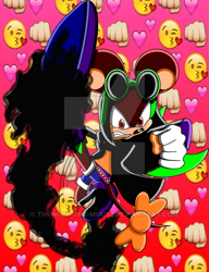 Size: 400x521 | Tagged: safe, artist:thunder-the-mouse, oc, oc:thunder dark the hedgemouse, mouse, belt, boots, brown fur, female, fingerless gloves, glasses, glasses on head, jacket, red eyes, shirt, shorts, sunglasses