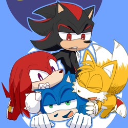 Size: 1350x1350 | Tagged: safe, artist:9noca, knuckles the echidna, miles "tails" prower, shadow the hedgehog, sonic the hedgehog, blue background, group