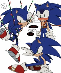 Size: 736x878 | Tagged: safe, artist:roastedgarlics2, sonic the hedgehog, blushing, christmas lights, korean text, multiple views, simple background, solo, speech bubble, white background