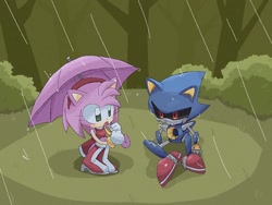 Size: 1024x768 | Tagged: safe, artist:pita_b882, amy rose, metal sonic, duo, holding something, outdoors, rain, robot, sitting, tree, umbrella