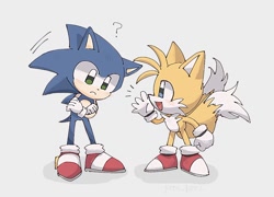 Size: 768x553 | Tagged: safe, artist:pita_b882, miles "tails" prower, sonic the hedgehog, duo, grey background, question mark, simple background