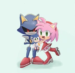 Size: 1071x1044 | Tagged: safe, artist:pita_b882, amy rose, metal sonic, sonic the hedgehog, blue background, character doll, duo, holding something, robot, shadow (lighting), simple background, smile