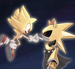 Size: 1263x1172 | Tagged: safe, artist:pita_b882, metal sonic, neo metal sonic, sonic the hedgehog, super sonic, duo, hand on another's face, robot, star (sky), super form