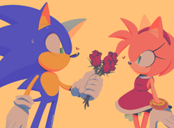 Size: 2047x1498 | Tagged: safe, artist:chaoslose, amy rose, sonic the hedgehog, amy x sonic, duo, flower, rose, shipping, simple background, straight, yellow background