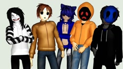 Size: 1192x670 | Tagged: safe, artist:justboyracon, sonic the hedgehog, oc, oc:sonic.exe, 3d, creepypasta, eyeless jack, hoody, jeff the killer, masky, mmd