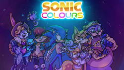 Size: 2560x1440 | Tagged: safe, artist:scarlattobrightstar, antoine d'coolette, bunnie rabbot, miles "tails" prower, sally acorn, sonic the hedgehog, wisp, group, logo, sonic colors