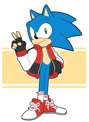 Size: 875x1200 | Tagged: safe, artist:alyrian, sonic the hedgehog, hedgehog, blue fur, fingerless gloves, green eyes, jacket, male, shoes, sneakers, socks