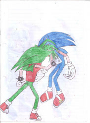 Size: 400x550 | Tagged: safe, artist:thunder-the-mouse, manik the hedgehog, sonic the hedgehog, traditional media