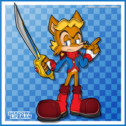 Size: 894x893 | Tagged: safe, artist:shadowlifeman, antoine d'coolette, coyote, boots, checkered background, fingerless gloves, holding something, jacket, male, satam, solo, style emulation, sword, uekawa style