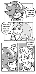 Size: 509x1035 | Tagged: safe, artist:neffiweffi, shadow the hedgehog, sonic the hedgehog, comic, duo, english text, greyscale, monochrome, speech bubble