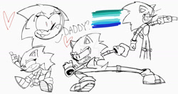 Size: 1280x679 | Tagged: safe, artist:somebodystolemybread, sonic the hedgehog, 2024, alternate universe, deviantart watermark, dialogue, english text, floppy ears, gay, heart, line art, looking offscreen, mlm pride, posing, pride, pride flag, scar, simple background, sketch, smile, solo, standing, watermark, white background